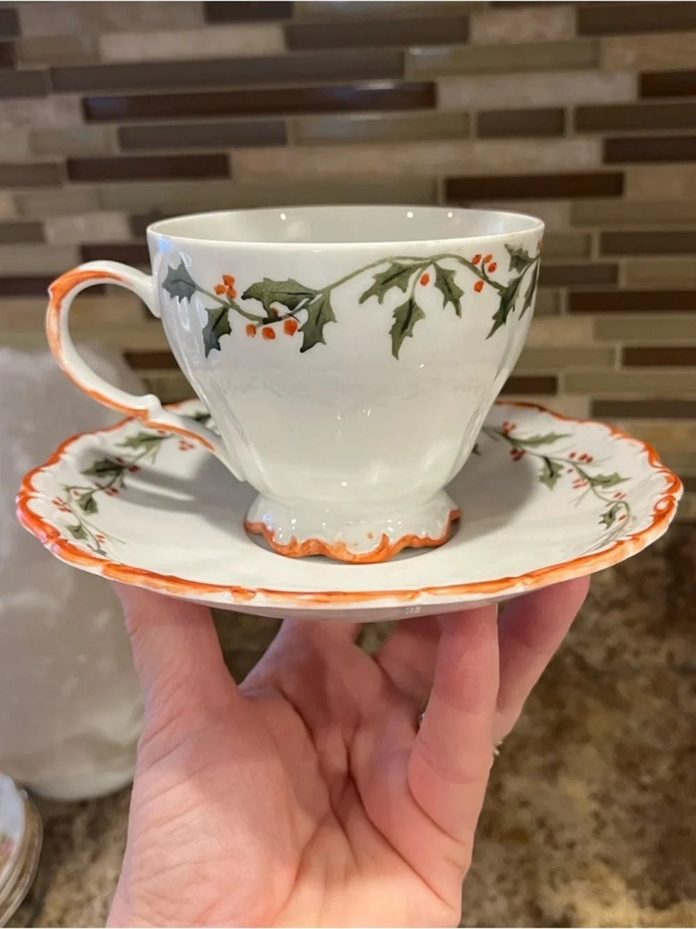 Holiday Hand Painted Holly Teacup and Saucer Set Seltmann Weiden Bavaria